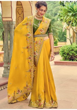 Yellow & Green    Silk With Heavy Embroidery Saree